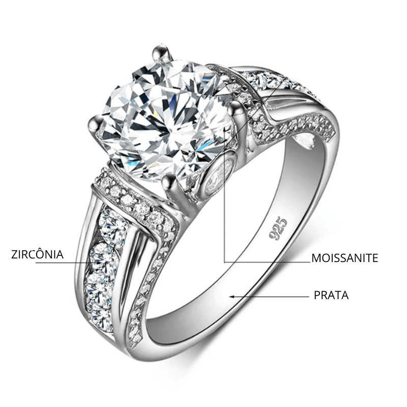 Anel Feminino em Prata com Pedra Principal de Moissanite