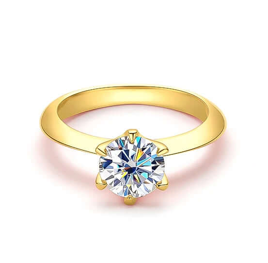 Anel Feminino em Prata Esterlina Banhado a Ouro Com Pedra Brilhante Moissanite