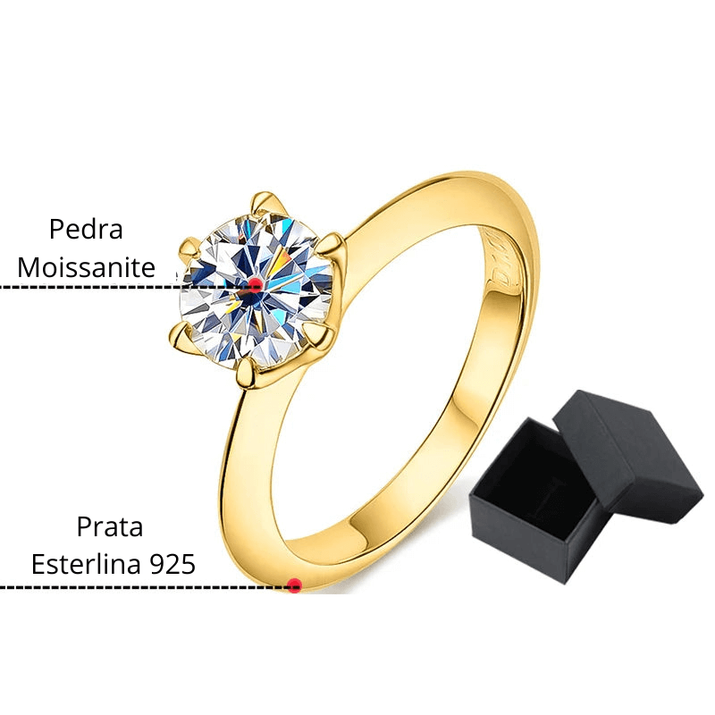 Anel Feminino em Prata Esterlina Banhado a Ouro Com Pedra Brilhante Moissanite