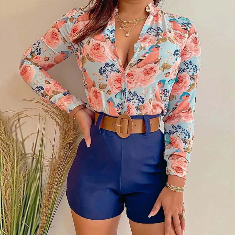 Conjunto Feminino Short Cintura Alta e Camisa  Estampada