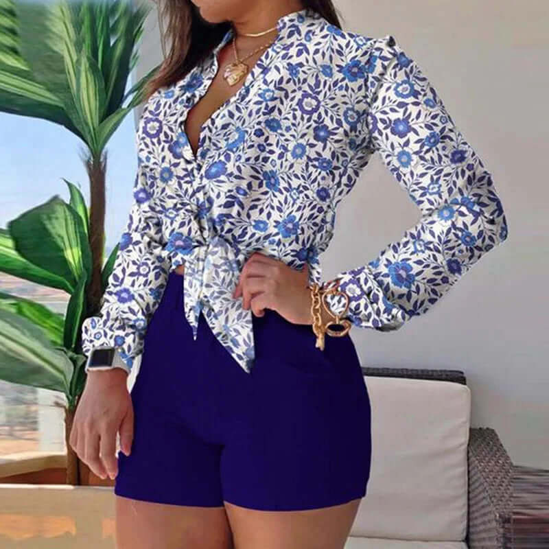 Conjunto Feminino Short Cintura Alta e Camisa  Estampada