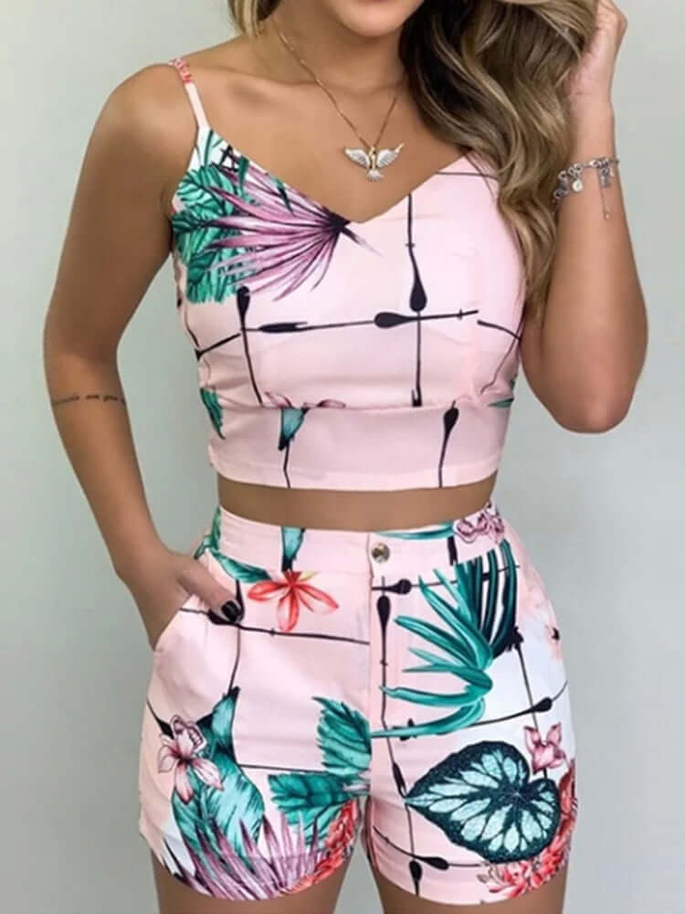 Conjunto Feminino Top Com Alças Finas e Short Cintura Alta