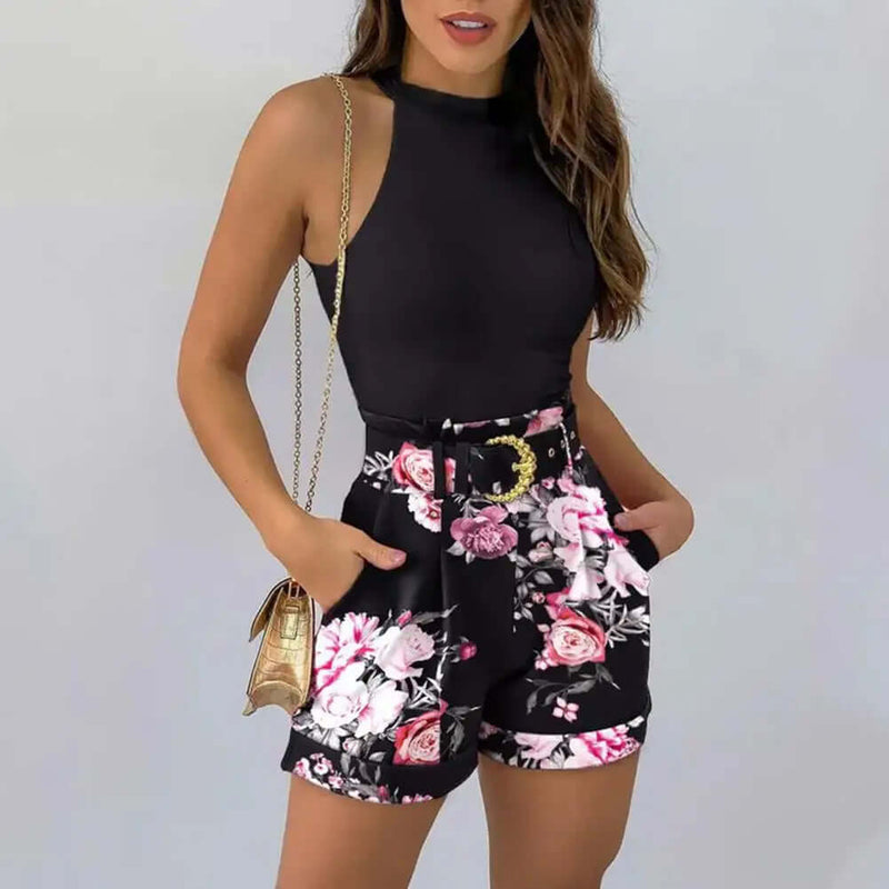 Conjunto Feminino Blusa e Short Com Cinto Duas Peças